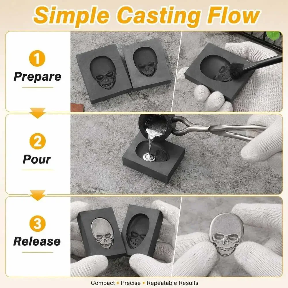 Skull Shape Graphite Ingot Mold 2Pcs High-Density Melting Casting for Gold